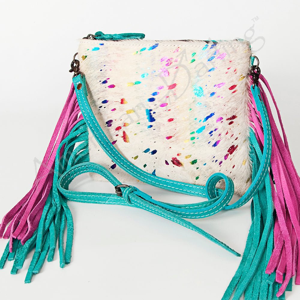 American Darling Western Small Crossbody Bag – Genuine Hair-On Cowhide Leather with Fringes, Adjustable Strap, Handcrafted in Texas