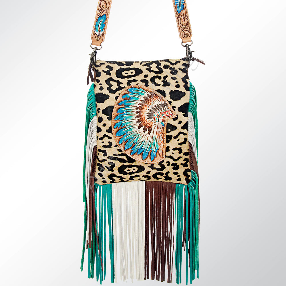 American Darling Cross body Bag Hand Tooled Floral Carved Cowhide Genuine Leather Western Purse with Fringes &amp; YKK Zipper