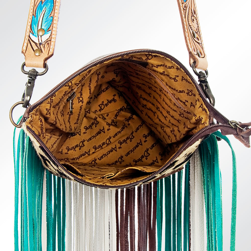 American Darling Cross body Bag Hand Tooled Floral Carved Cowhide Genuine Leather Western Purse with Fringes &amp; YKK Zipper
