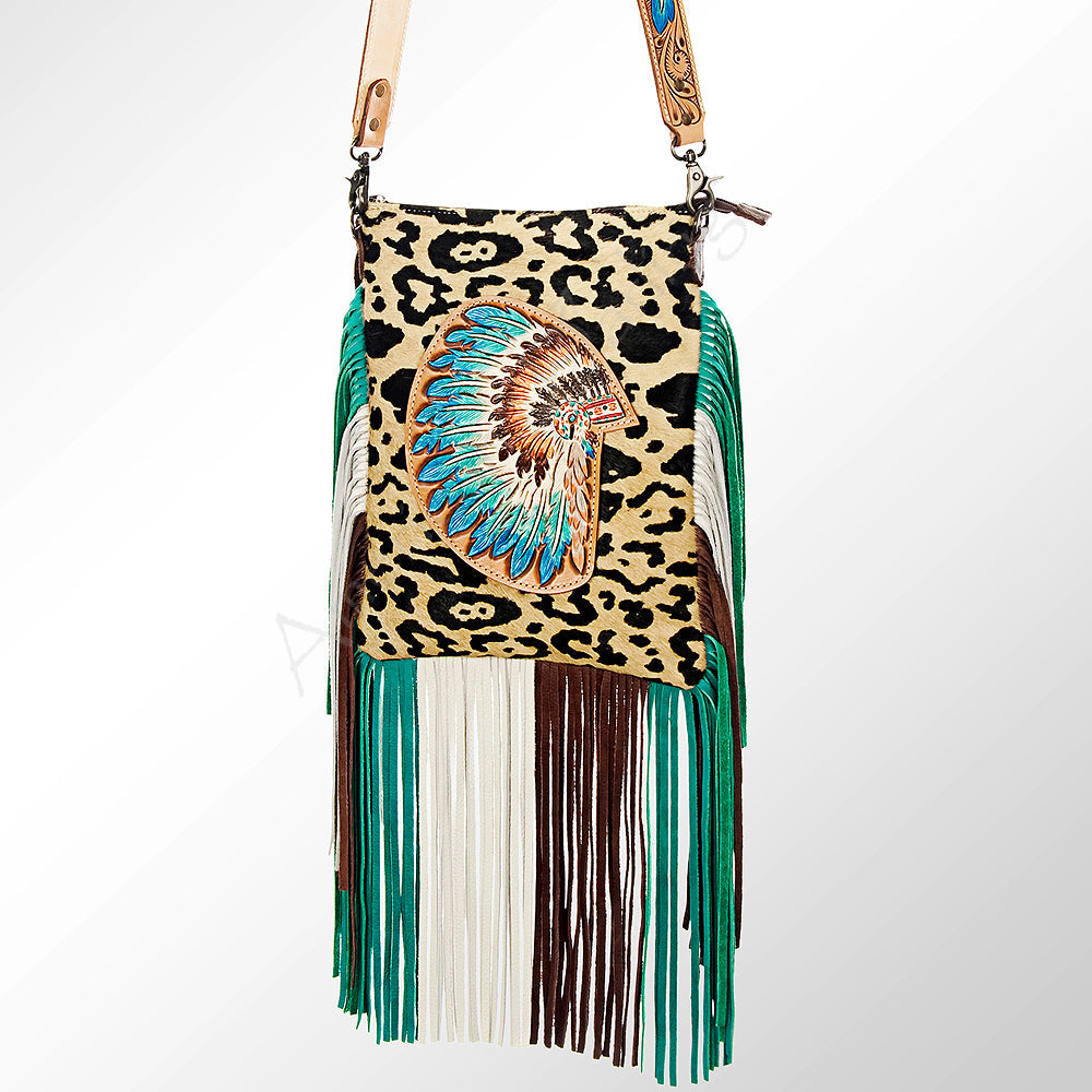 American Darling Cross body Bag Hand Tooled Floral Carved Cowhide Genuine Leather Western Purse with Fringes &amp; YKK Zipper