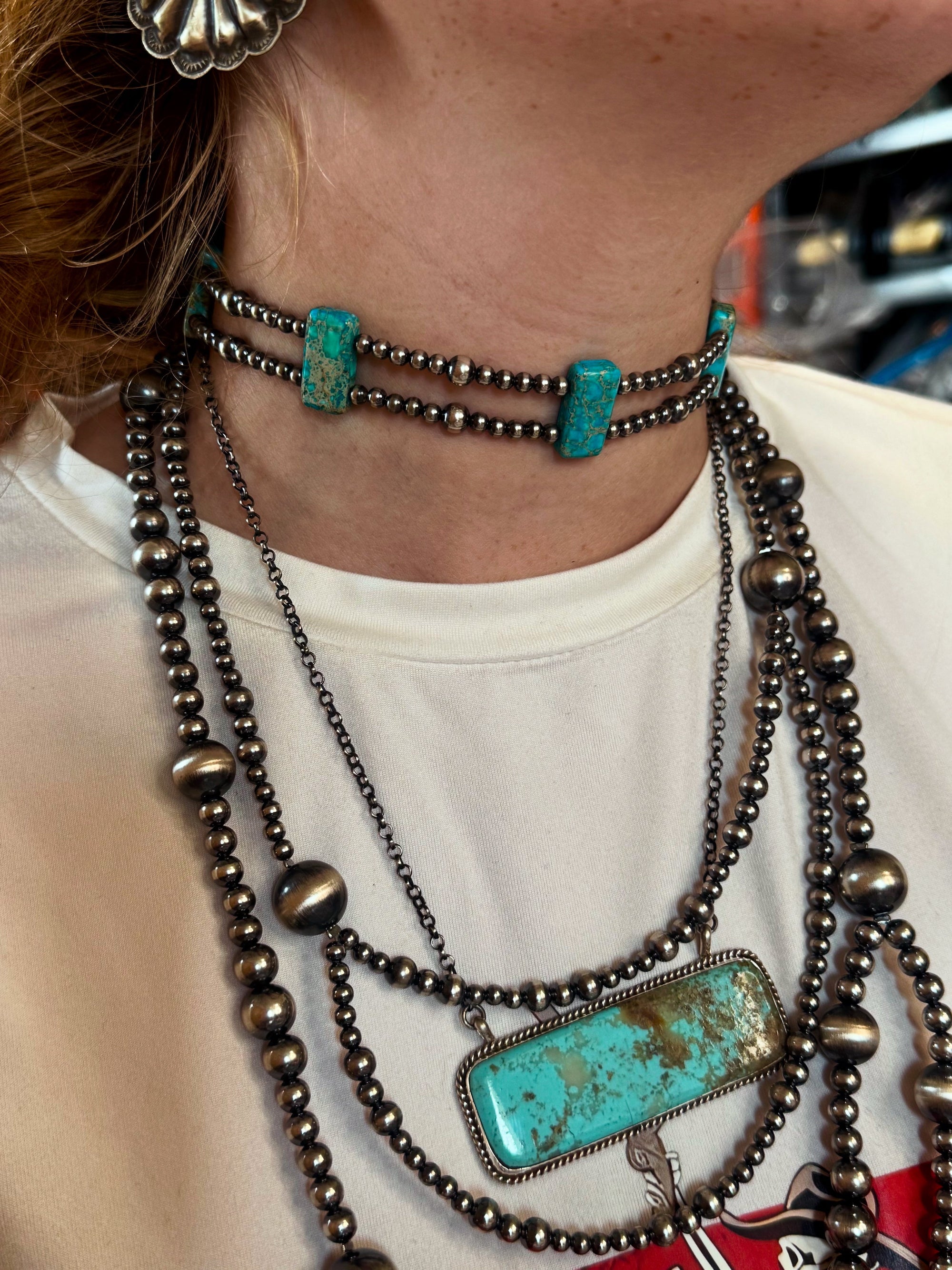 Green/Blue Double Strand Necklace – 13” Beaded – Sterling Silver Pearls &amp; Rectangle Variscite Turquoise