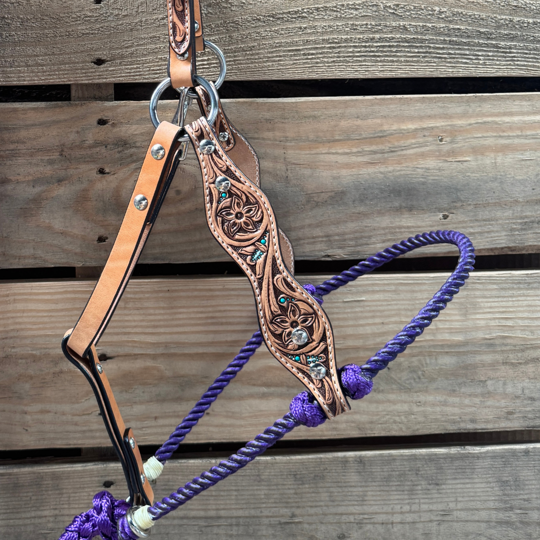Purple Floral Tooled Lariat &amp; Leather Combo Halter