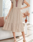 Stripe Ruffle Short Sleeve V-Neck Midi Dress