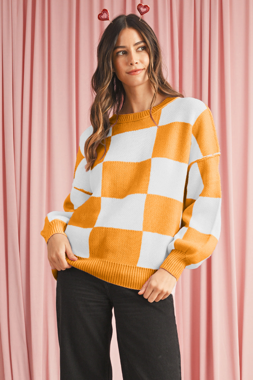 Checkered Bishop Sleeve Pullover Sweater