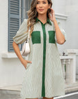 Stripe Patchwork Chest Pocket Mini Shirt Dress