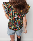 Flower Tiered Flutter Sleeve V-Neck Blouse