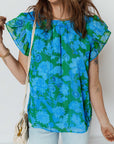 Floral Ruffle Sleeve Keyhole Back Blouse
