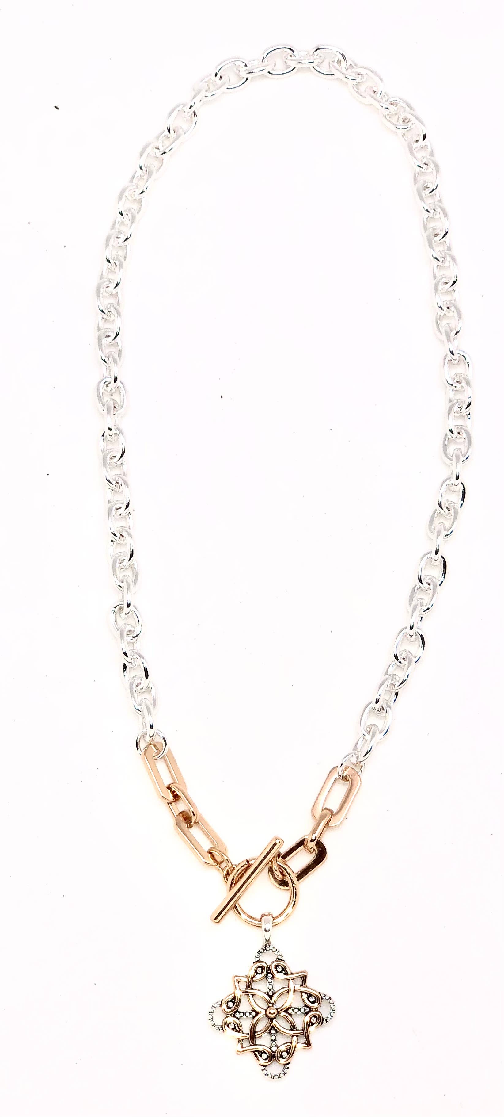 Necklace Alloy Plated Link Chain with Filigree Drop 18”
