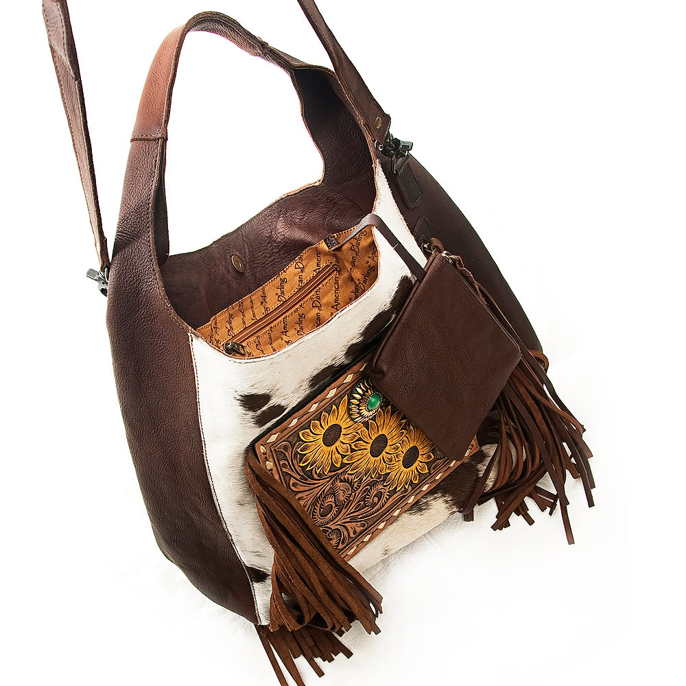 American Darling Hobo Bag Hand Tooled Floral Carved Genuine Leather Western Purse with Buck Stitched Trim &amp; YKK Zipper