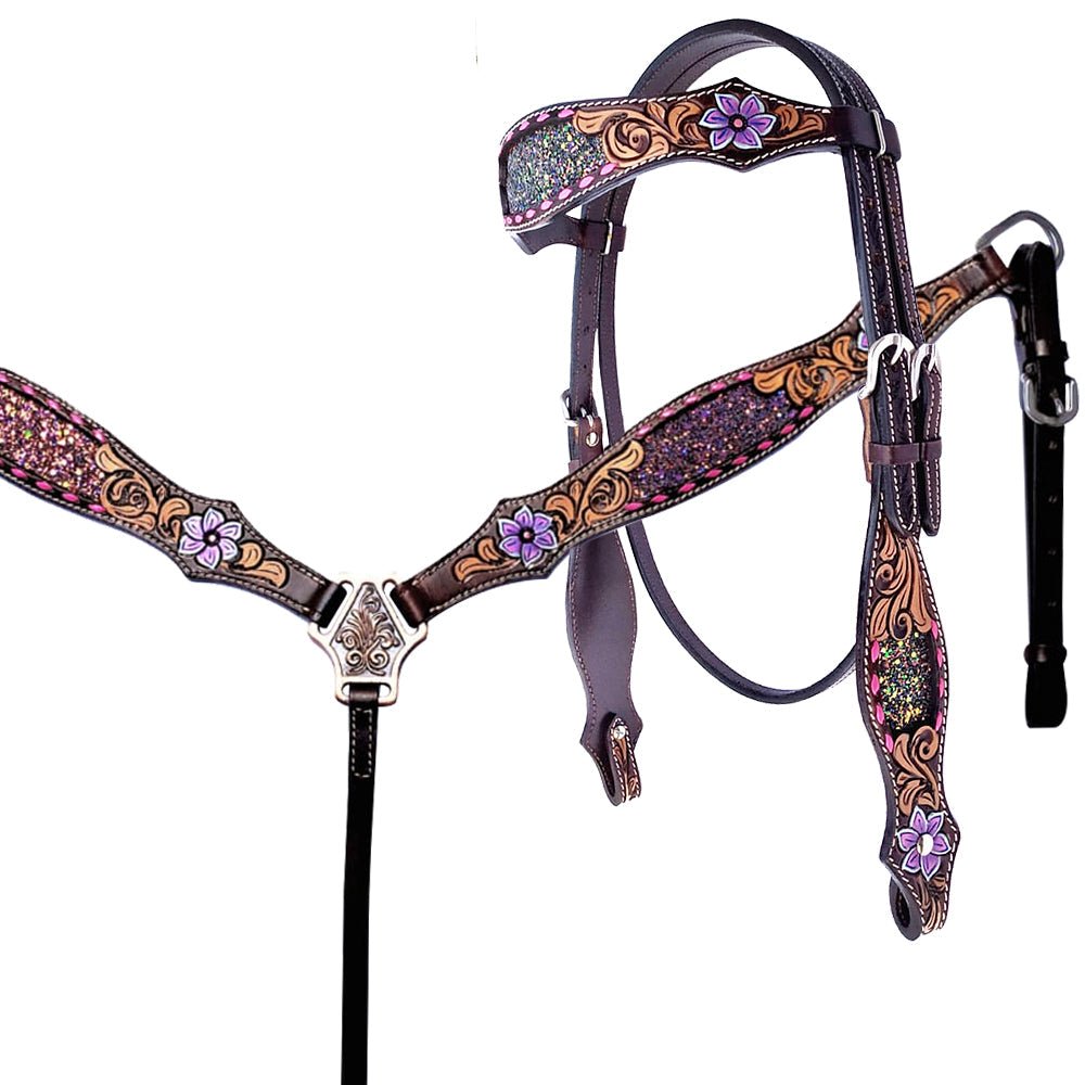 Hand-Carved Leather Western Headstall And Breast Collar Set For Training And Showing