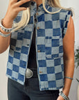 Checker Ruffle Trim Button Down Denim Vest