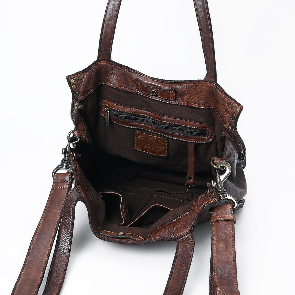 Spaghetti Western Swc133Brn Tote Vintage Handmade Drum Dyed Genuine European Cowhide Leather Women Bag Western Handbag Purse