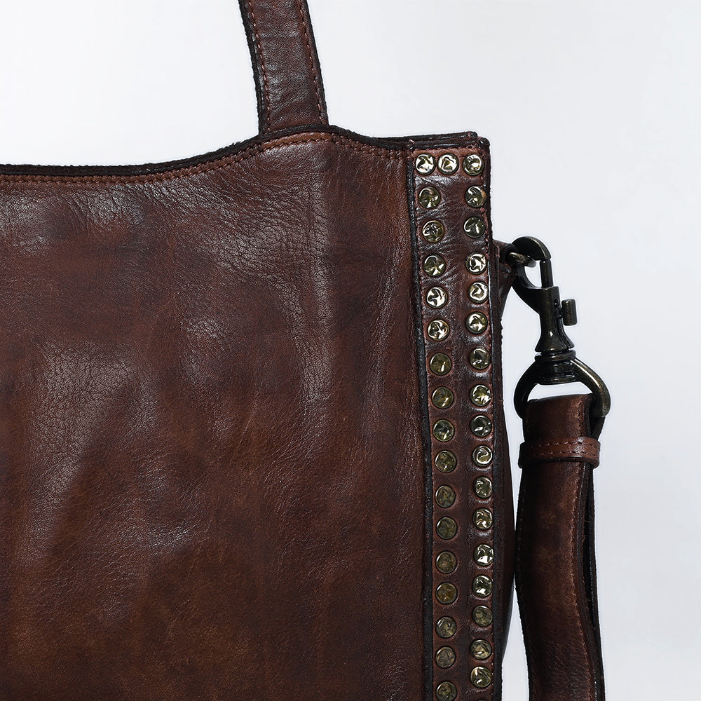 Spaghetti Western Swc133Brn Tote Vintage Handmade Drum Dyed Genuine European Cowhide Leather Women Bag Western Handbag Purse