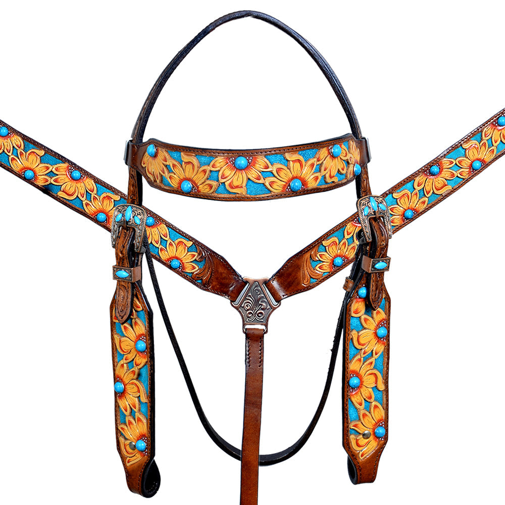 HILASON Western Horse Leather Headstall &amp; Breast Collar Set Brown Sunflower