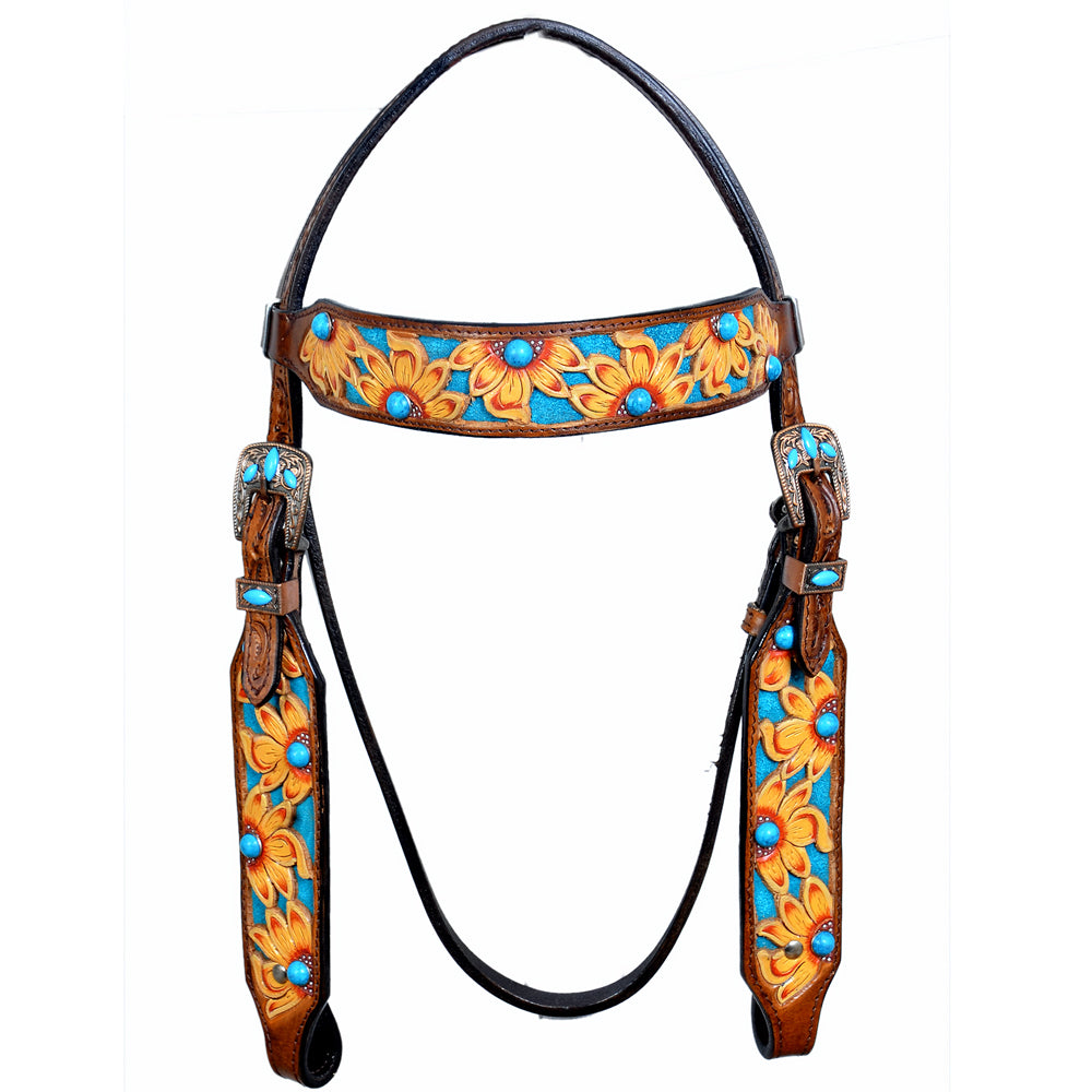 HILASON Western Horse Leather Headstall &amp; Breast Collar Set Brown Sunflower