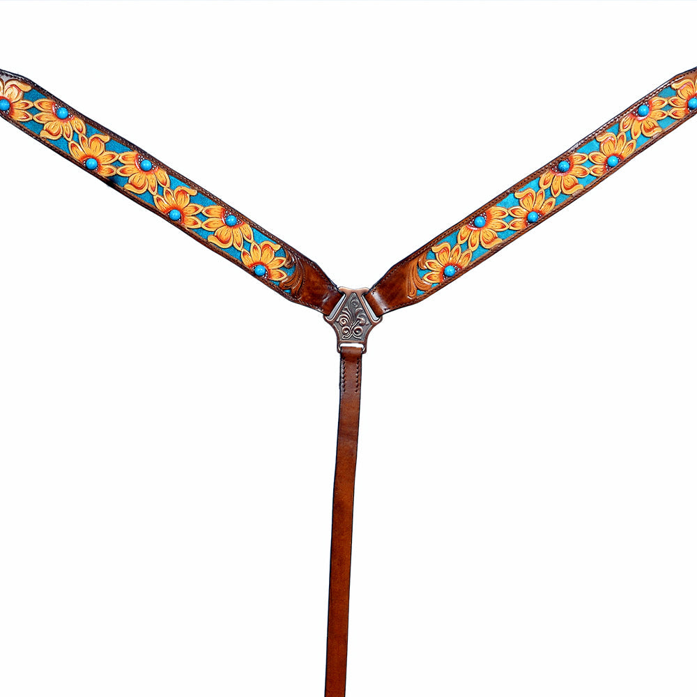 HILASON Western Horse Leather Headstall &amp; Breast Collar Set Brown Sunflower