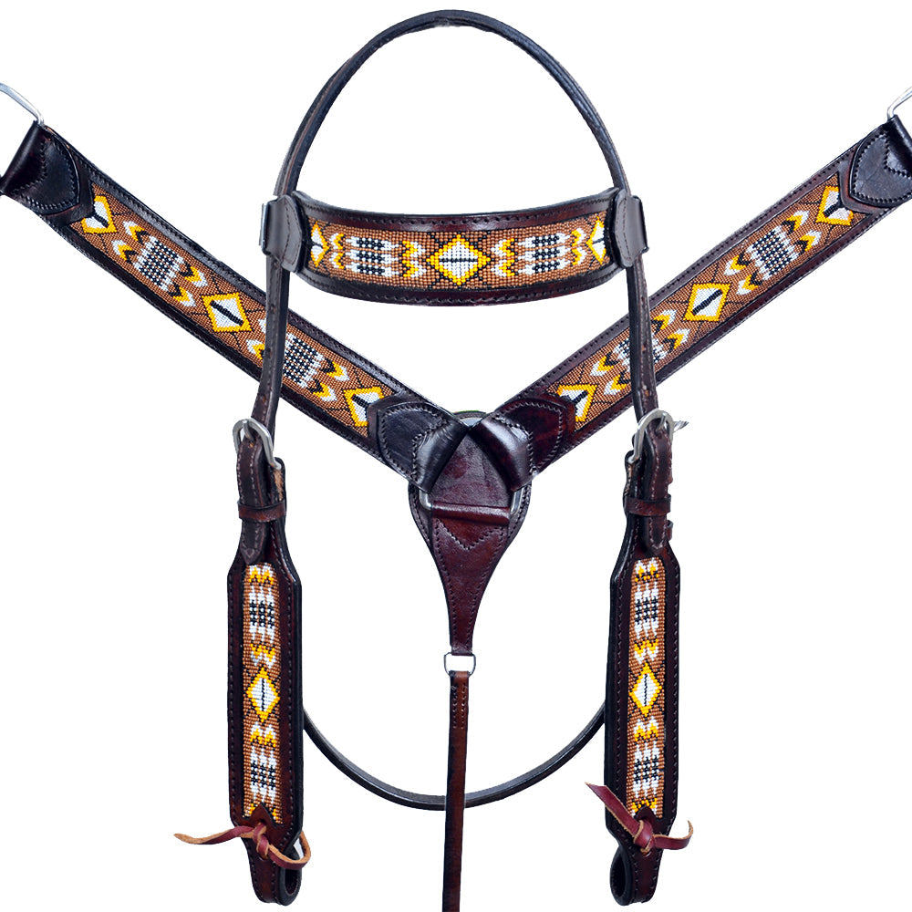 HILASON Western Horse Leather Headstall &amp; Breast Collar Set Black Beaded