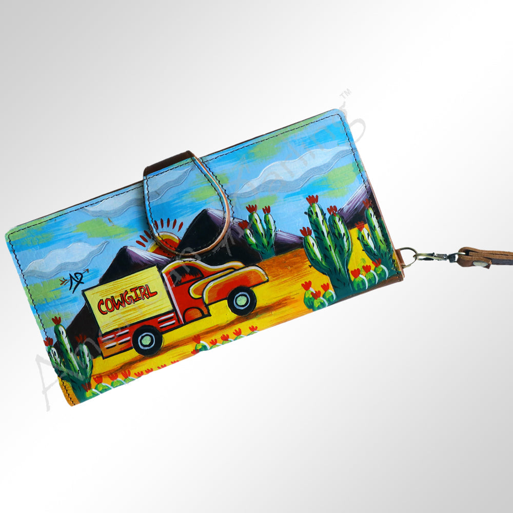American Darling Wristlet Bag, Hand-Painted Genuine Leather, Western Vegetable Tanned Full Grain Leather Wallet Bag