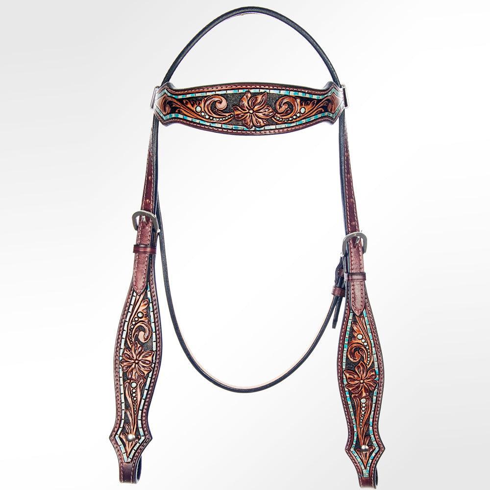 American Darling Western Horse Floral Genuine Leather Headstall Tack Set