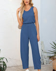 Solid Pleated Detail Sleeveless Elastic Waist Jumpsuit