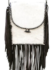 White Leather Hairon Fringe Western Crossbody Bag With Twelve Inch Fringe Detail