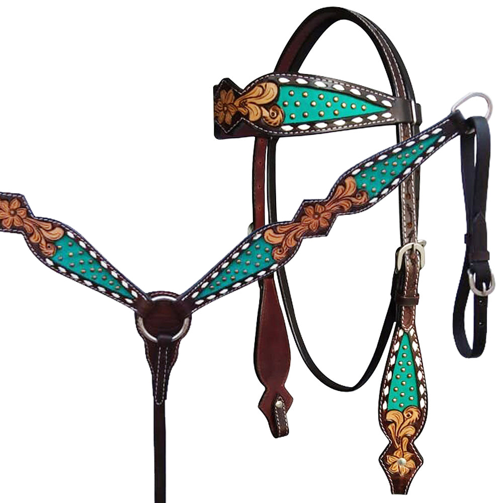 HILASON Western Horse Floral Headstall Breast Collar One Headstall American Leather Tack Set