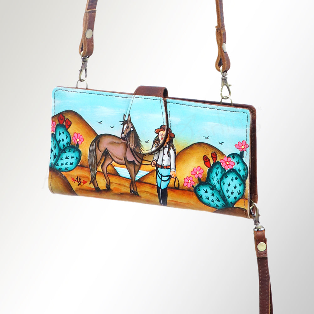 American Darling Wristlet Bag, Hand-Painted Genuine Leather, Western Vegetable Tanned Full Grain Leather Wallet Bag