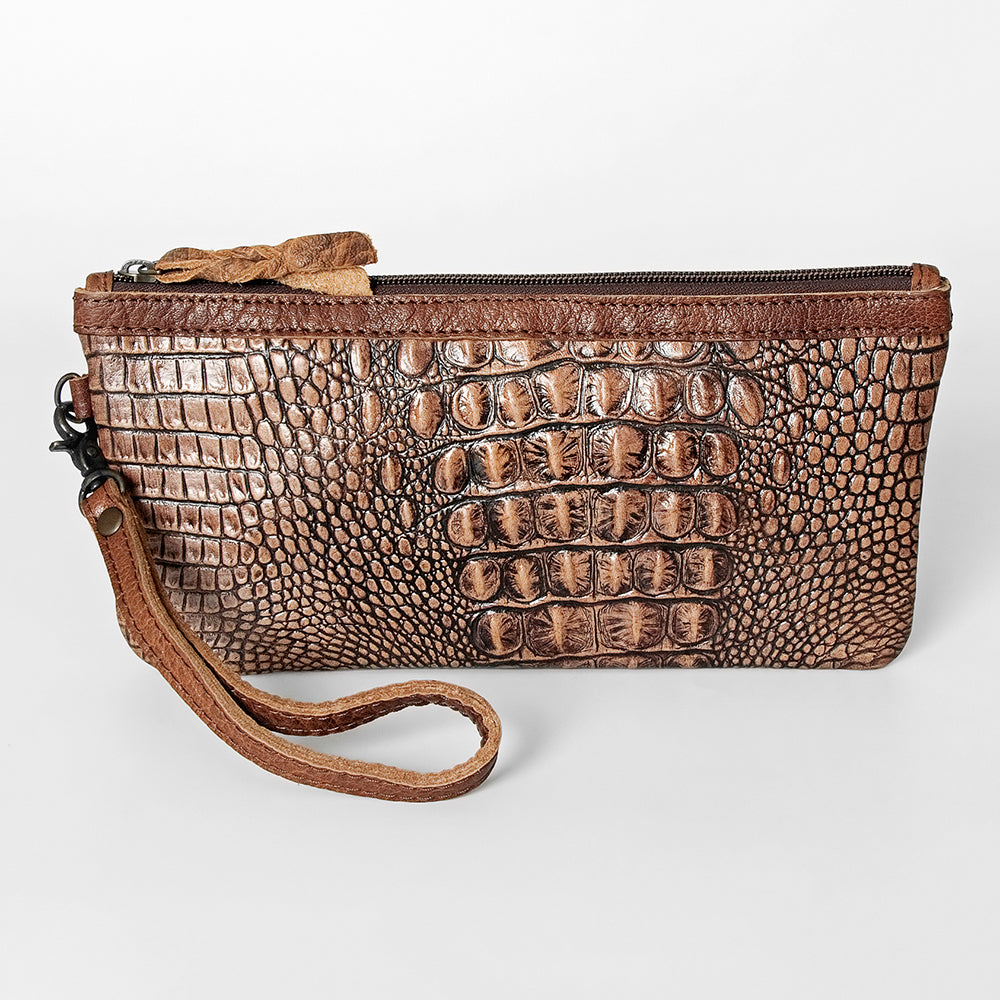 American Darling Wristlet Bag for Women, Crocodile Embossed Full Grain Leather Western Clutch with YKK Zipper &amp; Wrist Strap