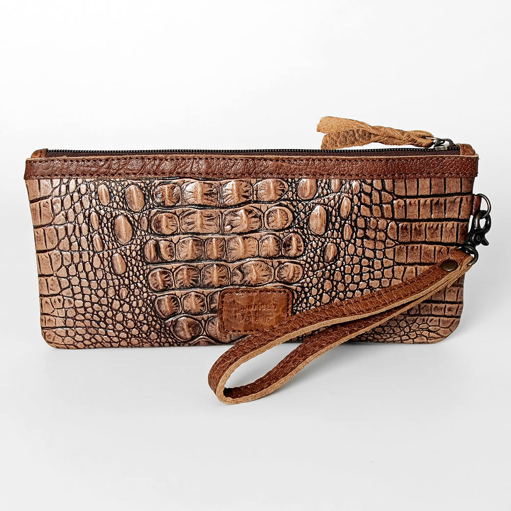American Darling Wristlet Bag for Women, Crocodile Embossed Full Grain Leather Western Clutch with YKK Zipper &amp; Wrist Strap