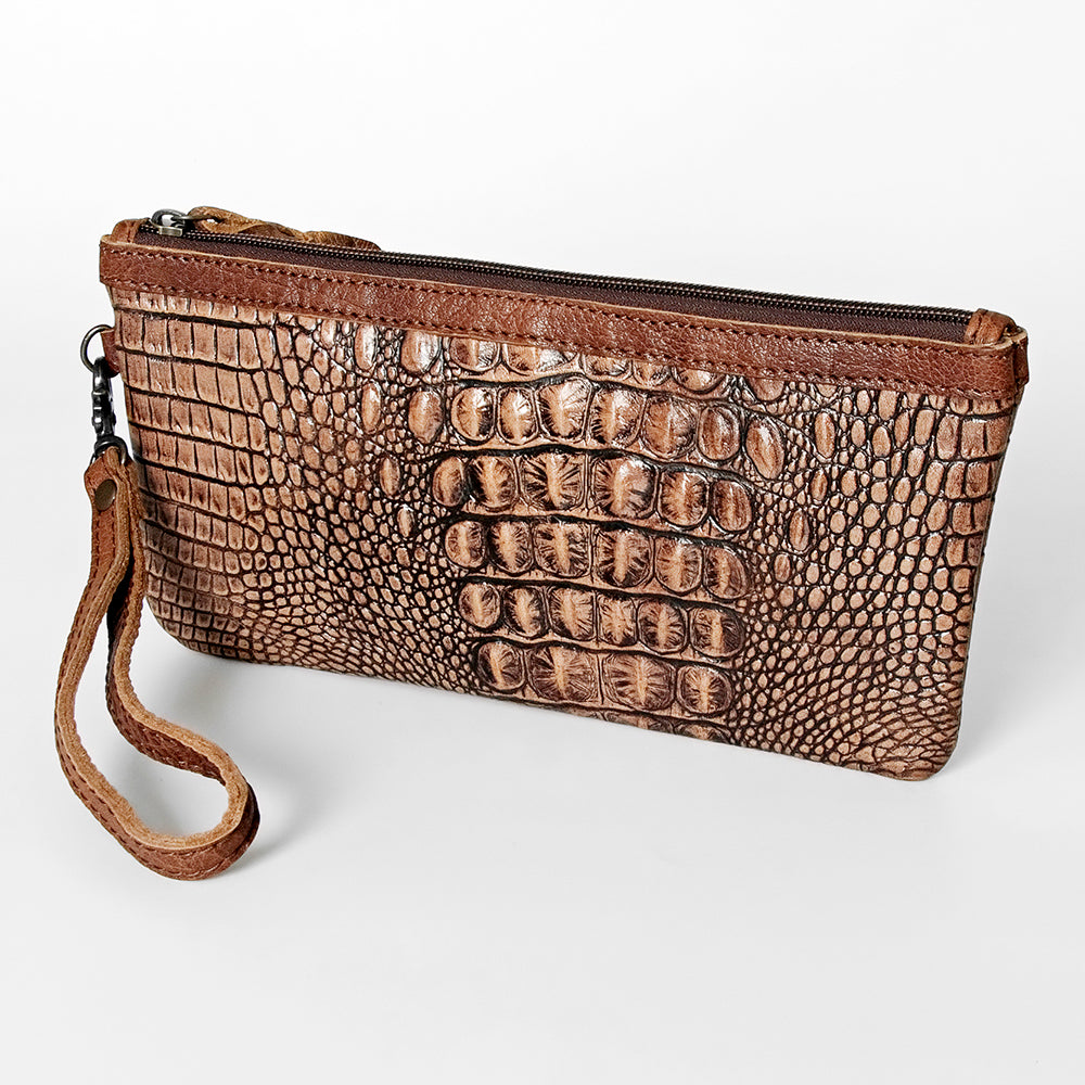 American Darling Wristlet Bag for Women, Crocodile Embossed Full Grain Leather Western Clutch with YKK Zipper &amp; Wrist Strap