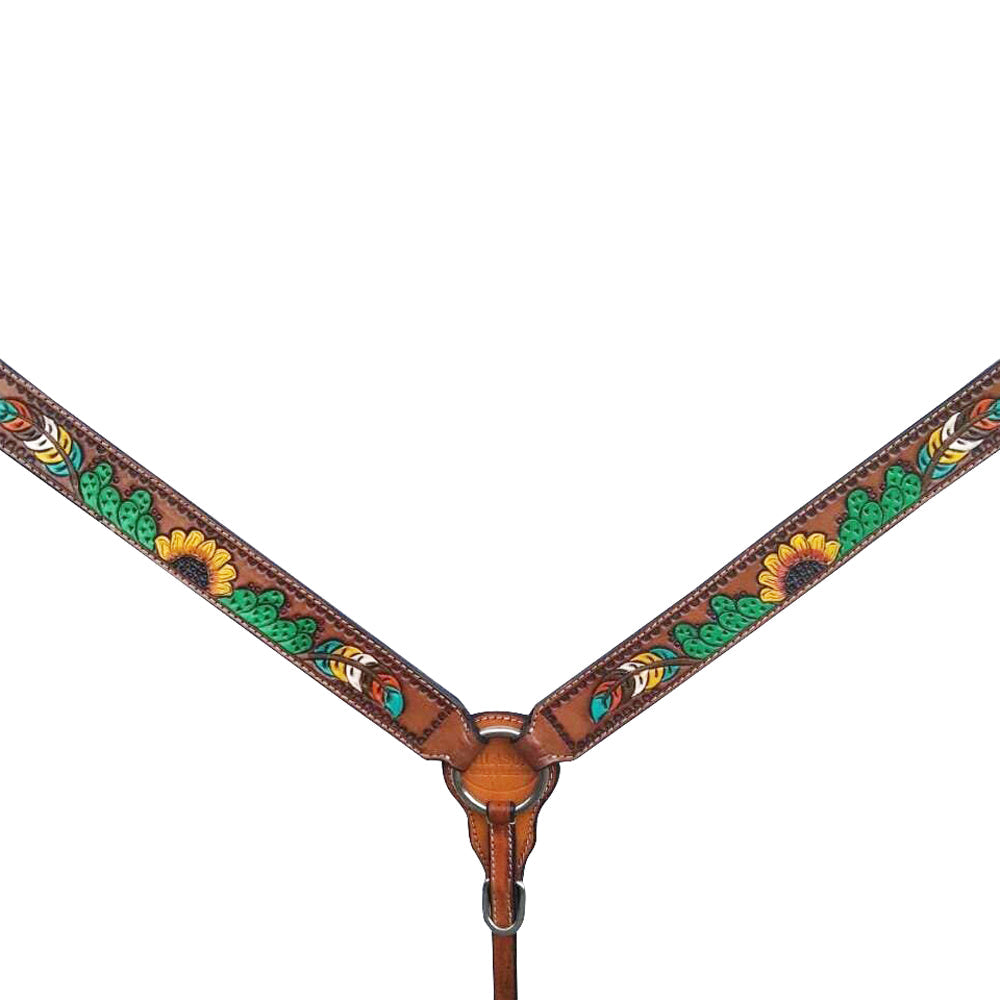 HILASON Western Horse Sunflower Cactus Headstall Breast Collar  American Leather Tack Set