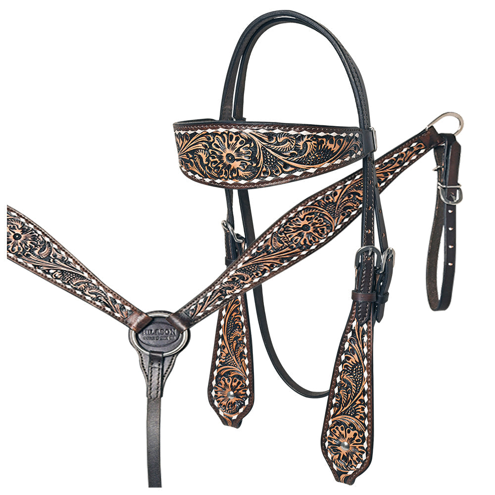 Hilason Western American Leather Horse Floral Headstall Breast Collar Tack Set