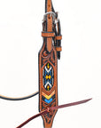 Bar H Equine Western Horse Genuine Leather Floral Design Beaded Headstall Brown