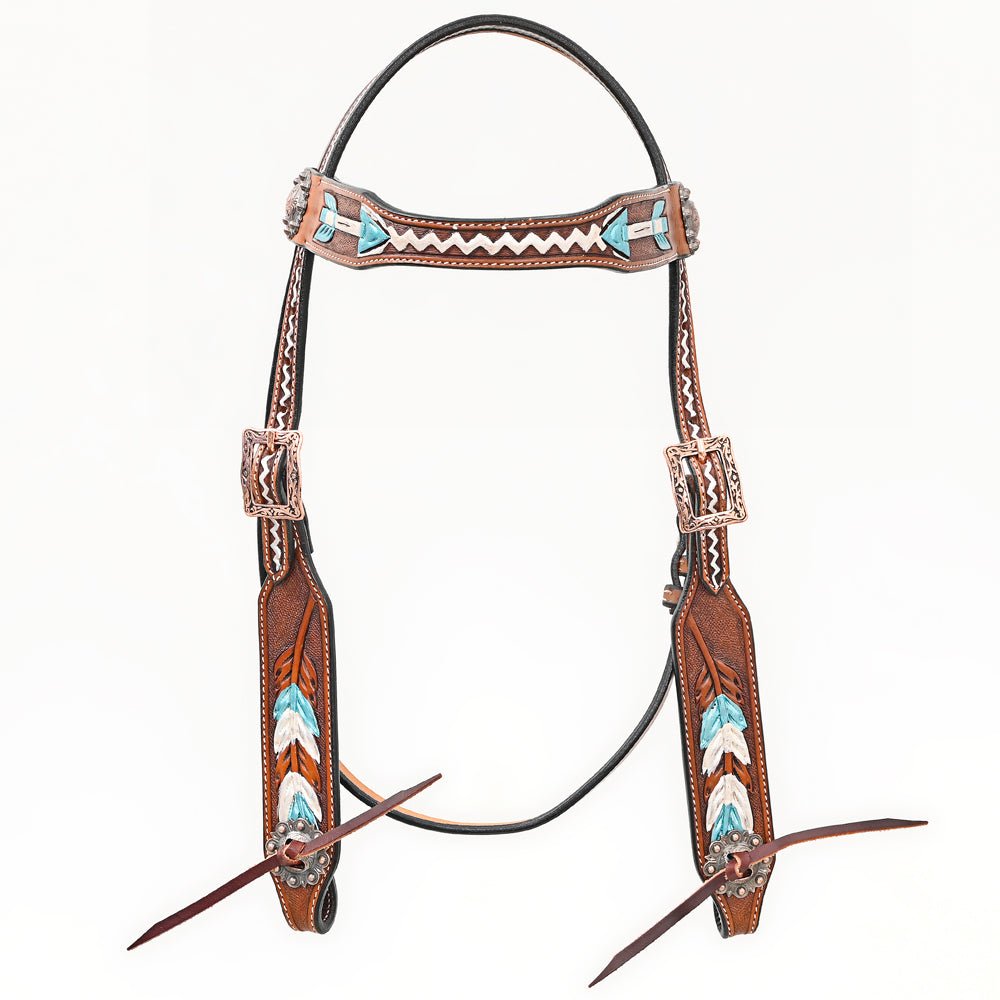 Bar H Equine Western Horse Genuine Leather Arrow Design  Headstall Brown