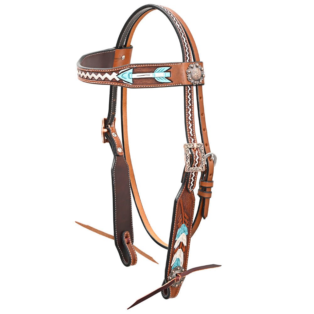 Bar H Equine Western Horse Genuine Leather Arrow Design  Headstall Brown