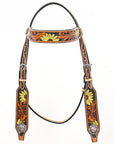 Bar H Equine Western Horse Genuine Leather Floral Design  Headstall Tan
