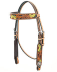Bar H Equine Western Horse Genuine Leather Floral Design  Headstall Tan