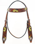 Bar H Equine Western Horse Genuine Leather Floral Design  Headstall Tan