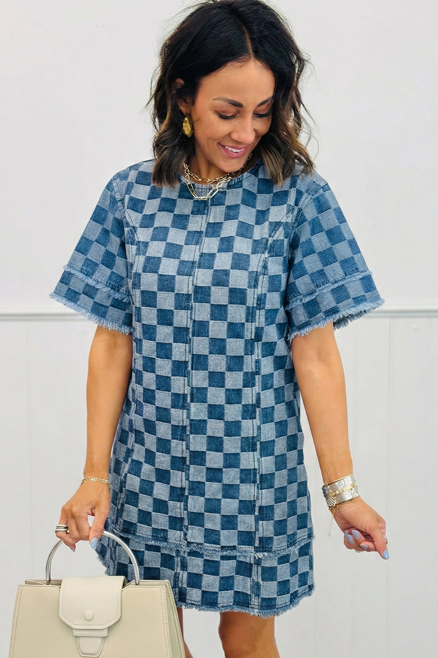 Checker Denim Frayed Hem Mini Dress