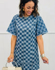 Checker Denim Frayed Hem Mini Dress