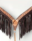 American Darling Tooled Leather Western Breast Collar – Hand-Carved Floral Design with Chocolate Brown Fringe