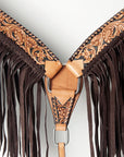 American Darling Tooled Leather Western Breast Collar – Hand-Carved Floral Design with Chocolate Brown Fringe