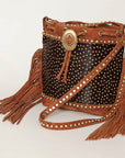 American Darling Bucket Bag Hair-On Cowhide Genuine Leather Fringes Riveted Drawstring Western Purse 11in X 13in X 5in
