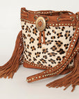 American Darling Bucket Bag Hair-On Cowhide Genuine Leather Fringes Riveted Drawstring Western Purse 11in X 13in X 5in