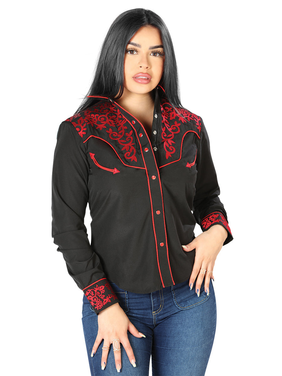 Womens Black Embroidered Western-Style Blouse