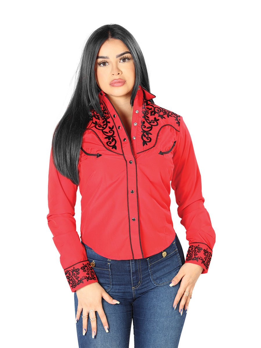 Womens Red Embroidered Western-Style Blouse