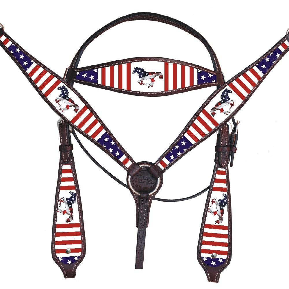 Western Horse Headstall Breast Collar American Leather Hilason US Flag