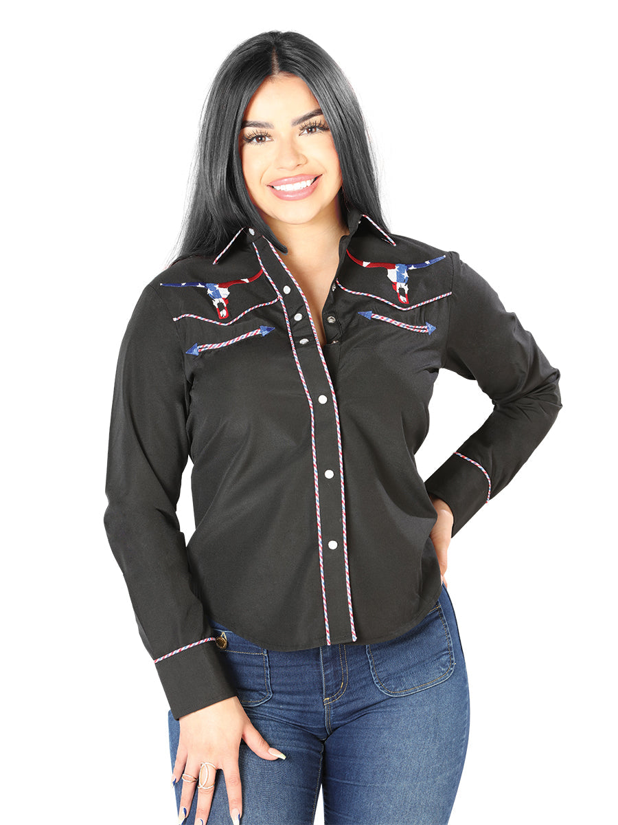 Womens Black Embroidered Western-Style Blouse