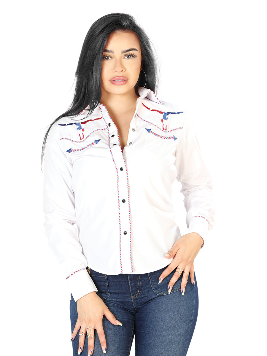 Womens White Embroidered Western-Style Blouse