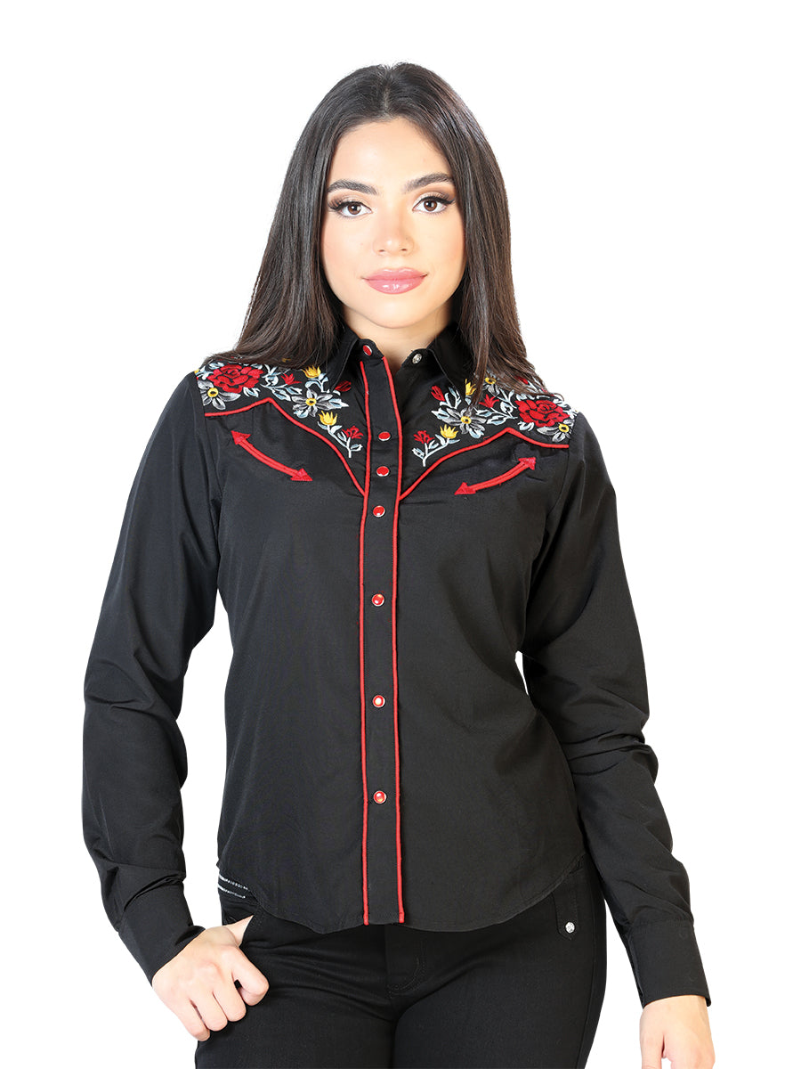 Womens Black Embroidered Western-Style Blouse